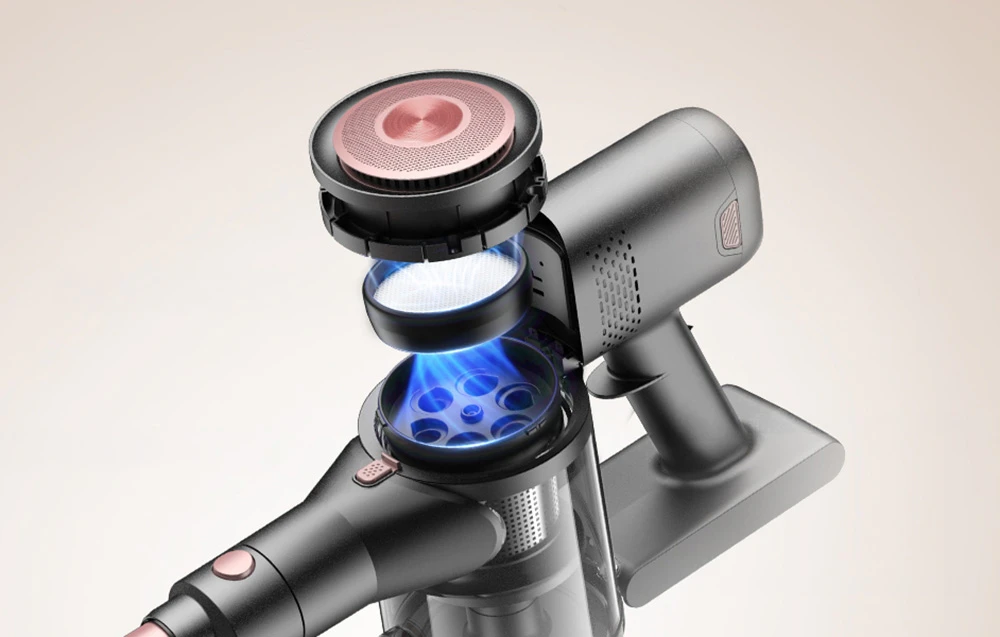 Schema unui sistem de filtrare în mai multe etape dintr-un aspirator vertical negru