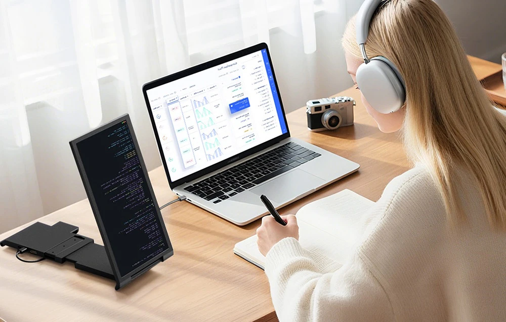 O femeie ia notițe la un laptop cu un monitor vertical suplimentar care afișează codul programului