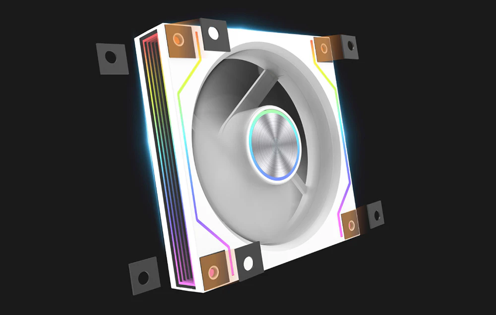 Ventilator alb pentru computer cu iluminare de fundal RGB și tampoane antivibrații evidențiate în colțuri