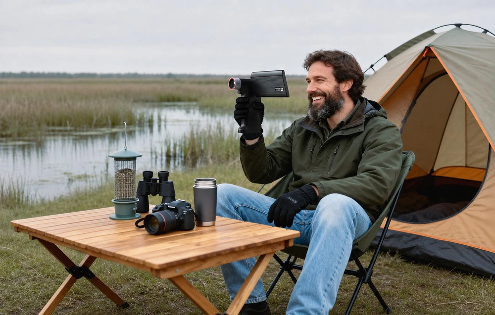Un bărbat zâmbitor stă lângă o cort la un camping și ține o cameră cu imagistică termică.