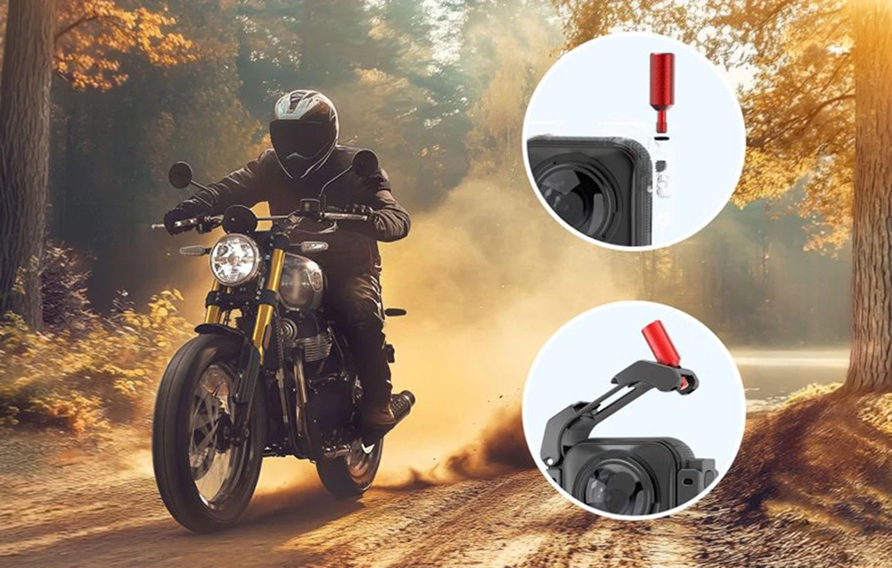 Bărbat pe motocicletă și prim-plan al pieselor carcasei Puluz