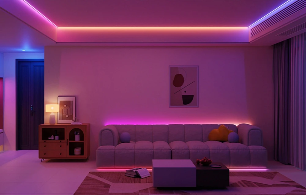 Camera de zi iluminată cu bandă LED colorată