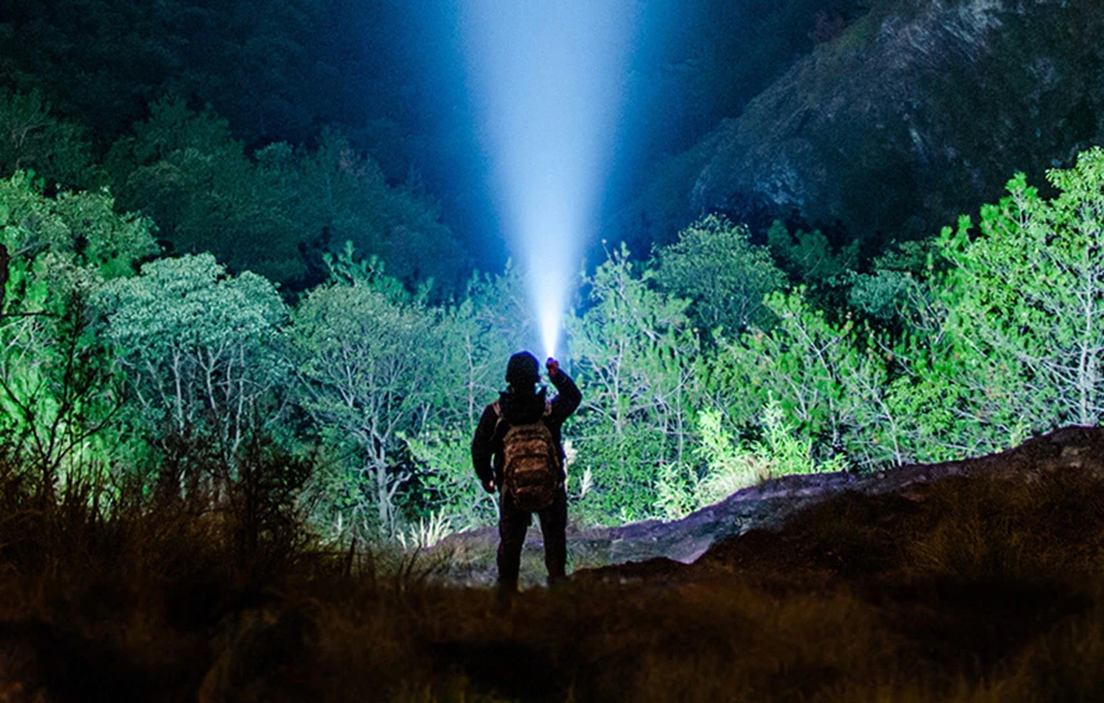 O persoană cu rucsac îndreaptă raza albastră de lumină a lanternei în sus, printre copacii verzi, noaptea