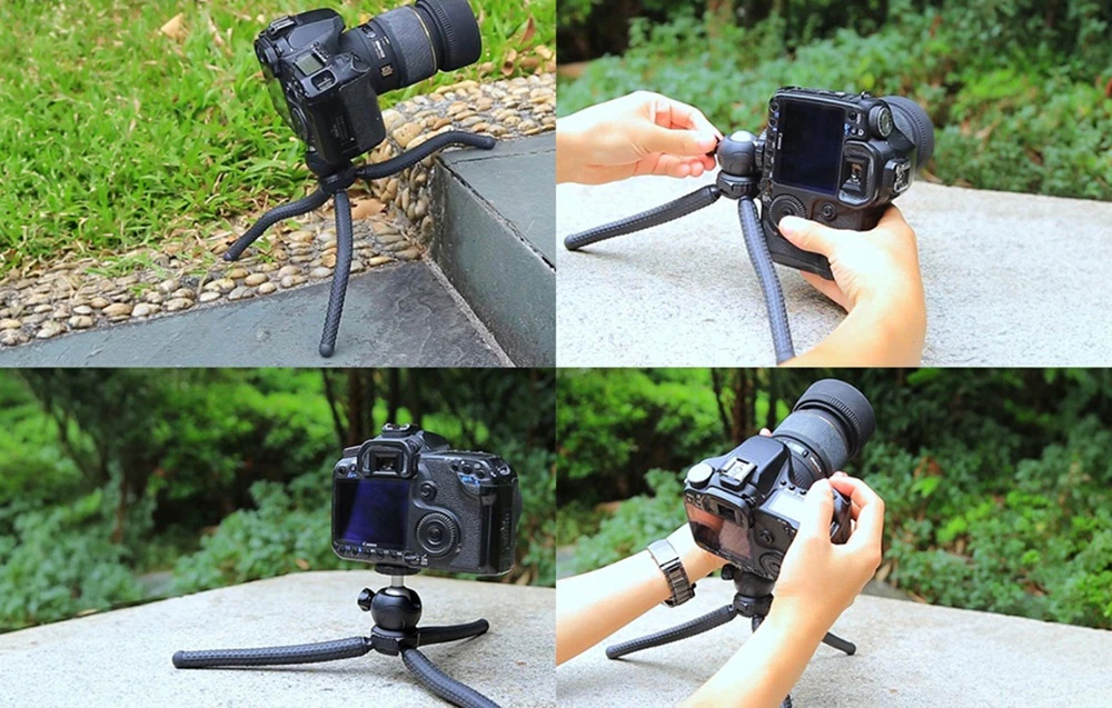 Trepied flexibil Octopus cu un cap sferic care susține un DSLR Canon pe un zid de piatră din grădină în diverse poziții