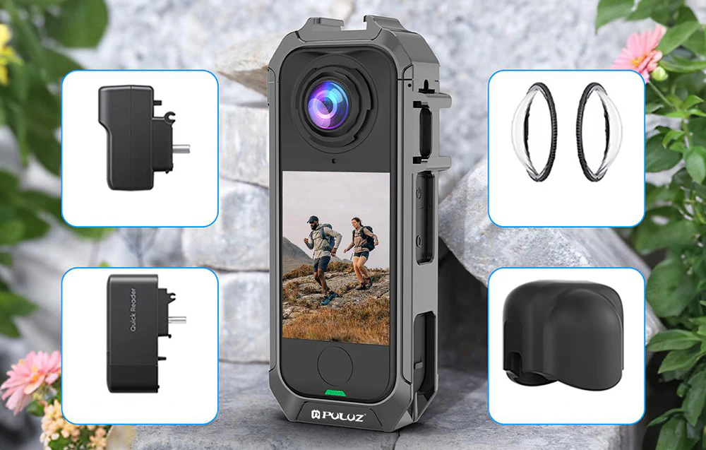 Camera Insta360 X4 Air în carcasa metalică între fotografii ale accesoriilor suplimentare