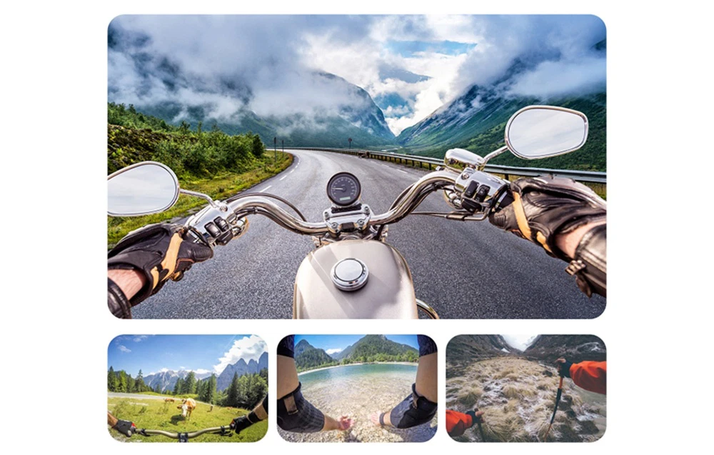 Diverse imagini surprinse de o cameră montată pe un suport de gât: de pe o motocicletă pe șosea, de pe o bicicletă în munți, de la gâtul unei persoane care se spală pe mâini într-un lac