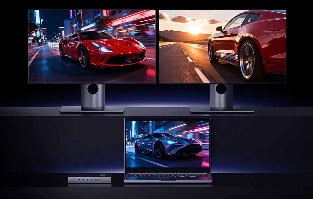 O stație de lucru cu trei ecrane conectate simultan prin stația de andocare Peladn. Ecranele a două monitoare de birou și ale unui laptop deschis afișează imagini dinamice cu mașini sport care accelerează.