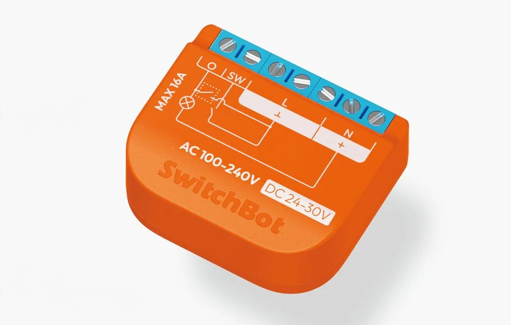 Modul Orange SwitchBot cu diagramă de conectare AC 100-240V și DC 24-30V, vedere de sus a terminalelor albastre