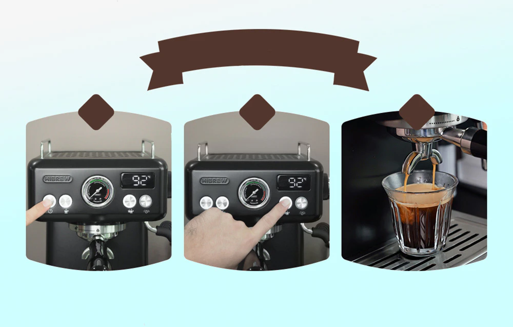 Instrucțiuni ilustrate în trei pași care arată cum se utilizează mașina de espresso: pornirea butonului de alimentare, selectarea butonului de preparare și turnarea cafelei gata preparate într-un pahar.