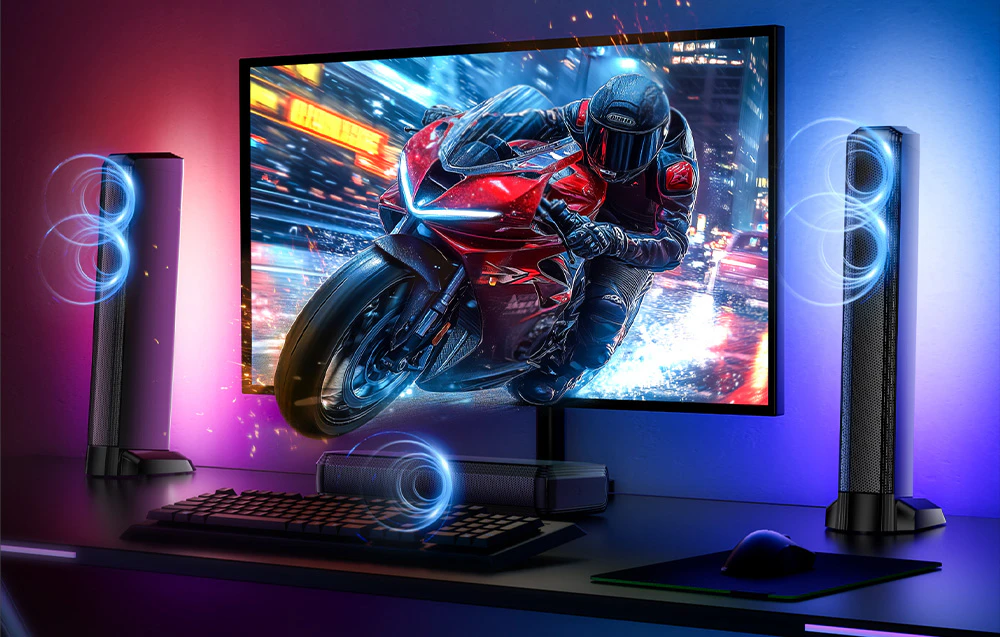 Set de jocuri cu monitor, bară de sunet și difuzoare laterale cu efecte sonore.