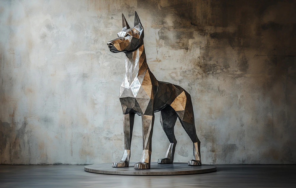 Sculptură de câine în stil low-poly realizată din plăci de metal care stau pe o bază rotundă