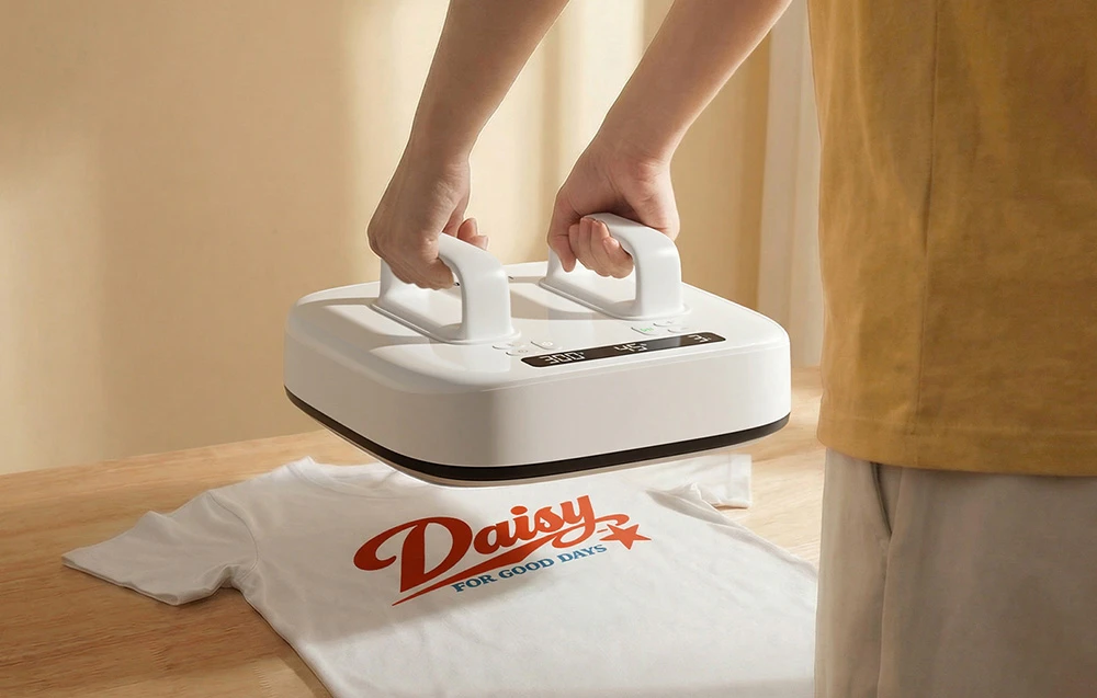 O persoană ține o presă termică deasupra unui tricou alb cu imprimeu.