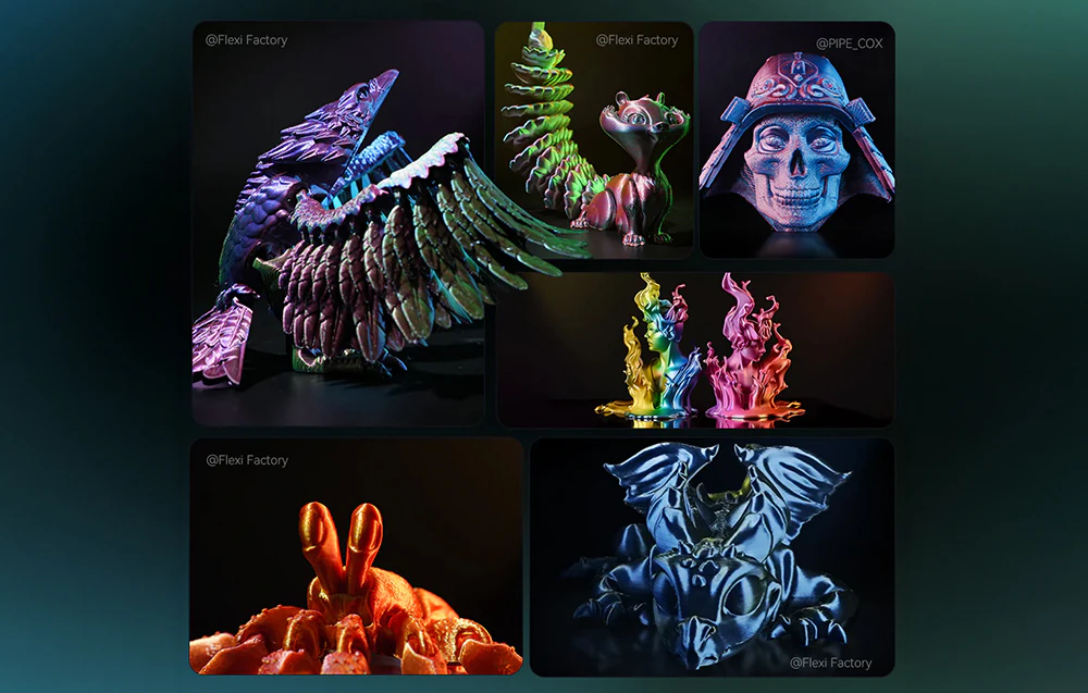 Un colaj cu șase figurine lucioase diferite, printre care o pasăre, un craniu într-un coif și un dragon.