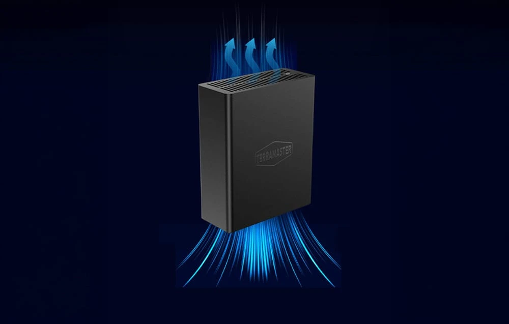 Carcasă neagră pentru hard disk cu ilustrații care prezintă fluxul de aer și răcirea dispozitivului
