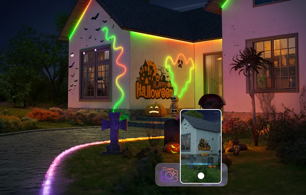 Case decorate cu benzi LED și dovleci de Halloween