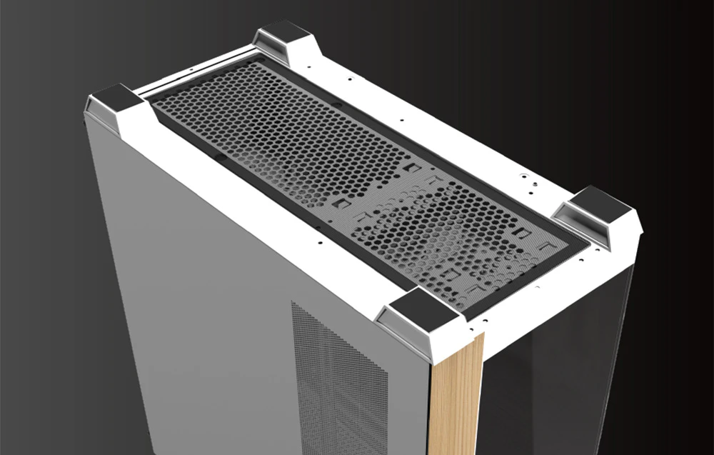 Carcasa computerului Darkflash DS900W prezentată din partea de sus, unde este vizibil capacul de protecție împotriva prafului.