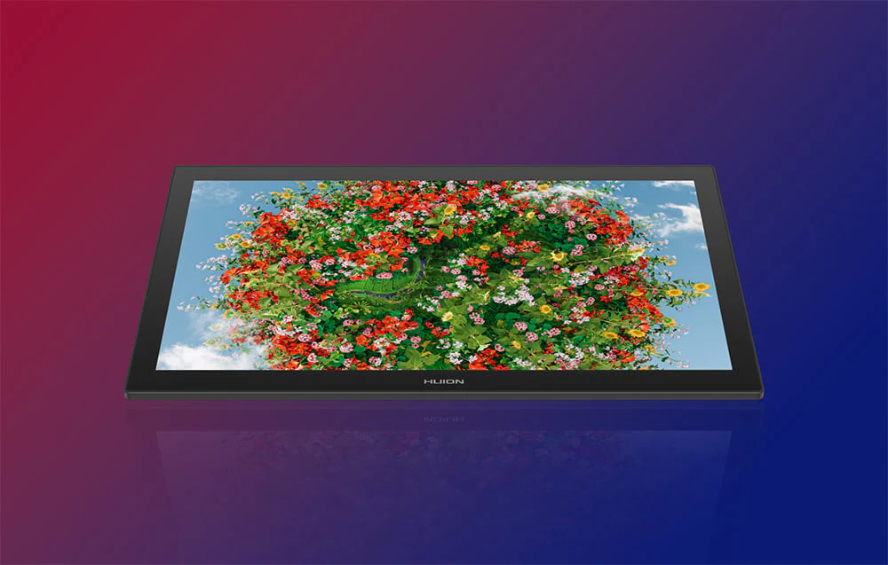 Tabletă grafică Huion cu un ecran care prezintă o ilustrație colorată de flori pe un fundal gradient