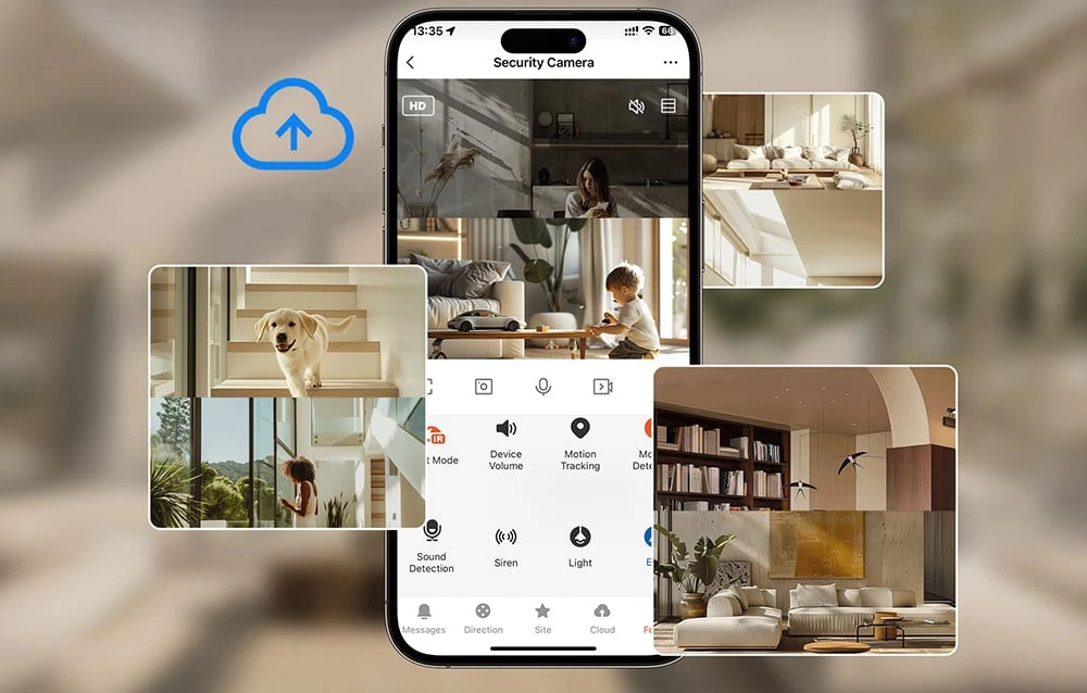 Un smartphone cu aplicația Security Camera înconjurat de fotografii de supraveghere: un cățeluș, un copil, o femeie și interioare