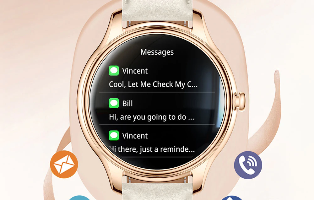 Ecranul unui ceas inteligent COLMI auriu care afișează o listă de notificări despre mesaje de la contactele Vincent și Bill.