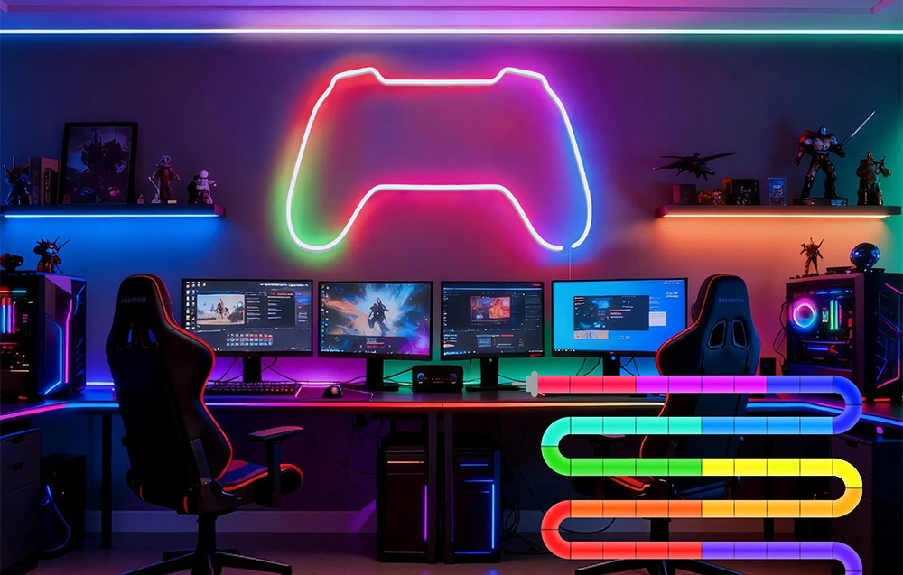 Un panou luminos colorat în formă de controler de jocuri, deasupra configurației computerului unui gamer.