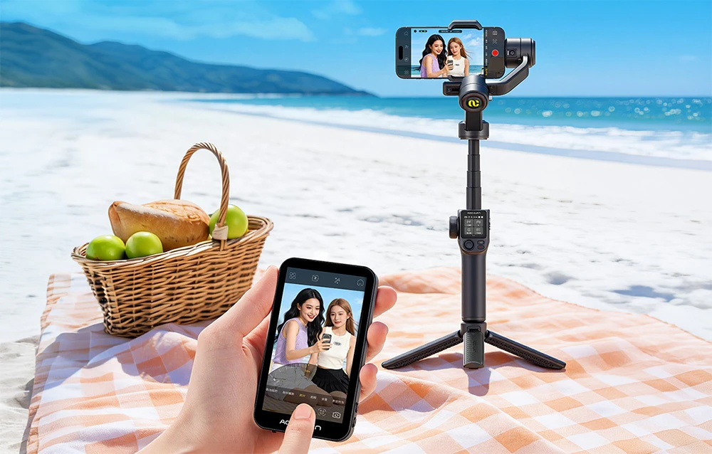 Gimbal Aochuan pe un trepied pe plajă, controlat de la distanță printr-un modul cu ecran de previzualizare