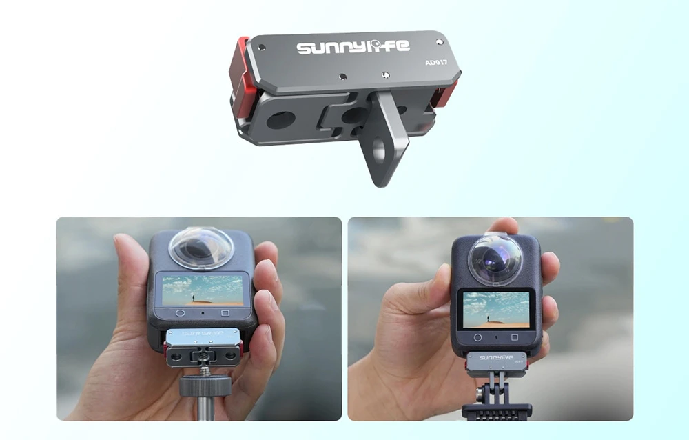 Adaptor Sunnylife pentru camere 360 cu exemple de montare pe diferite camere sportive