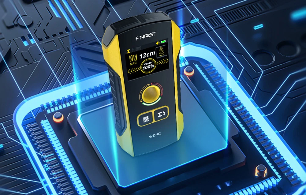Detector de cabluri FNIRSI prezentat într-o grafică futuristă