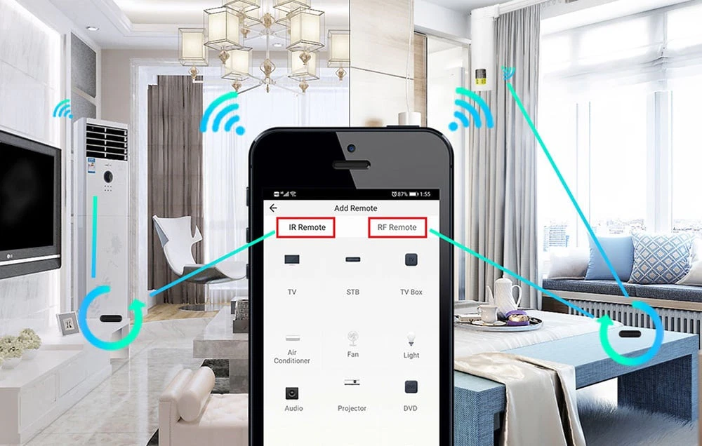Un smartphone care afișează meniul Add Remote și opțiunile IR Remote și RF Remote pe fundalul a două amenajări diferite de living