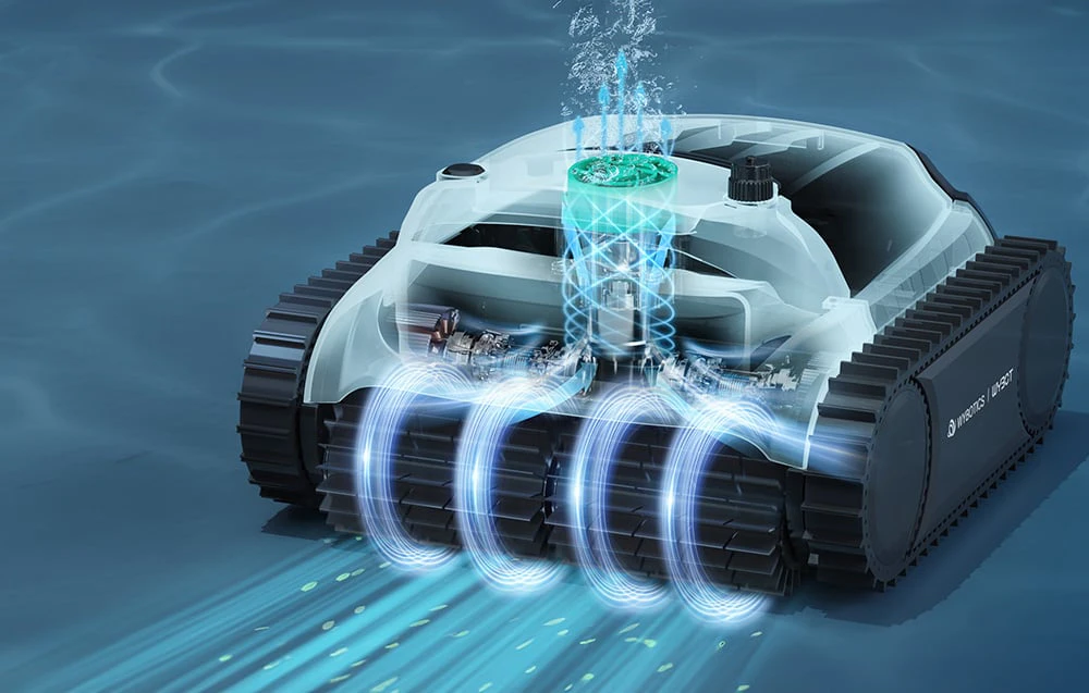 Secțiune transversală a robotului Wybot M2 cu grafică care arată sistemul de filtrare și fluxul de apă