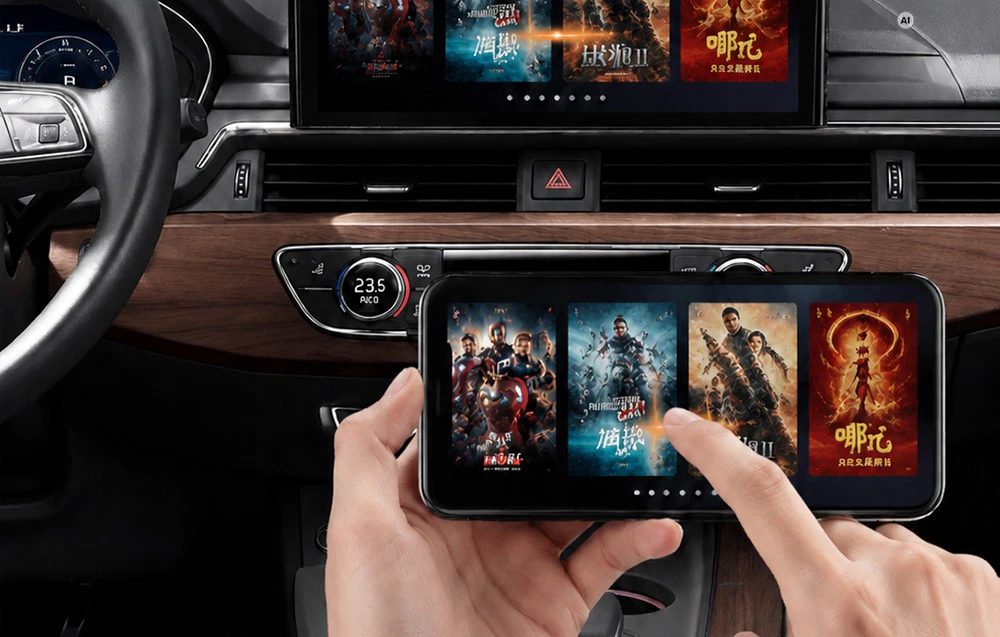 Un bărbat care ține un smartphone în mână și selectează un film dintr-un meniu, având ca fundal tabloul de bord