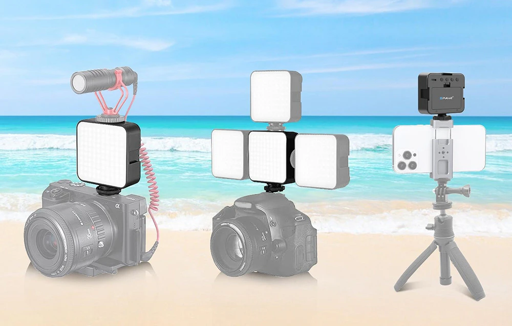 Trei camere cu diverse accesorii de iluminat pe un fundal de plajă tropicală