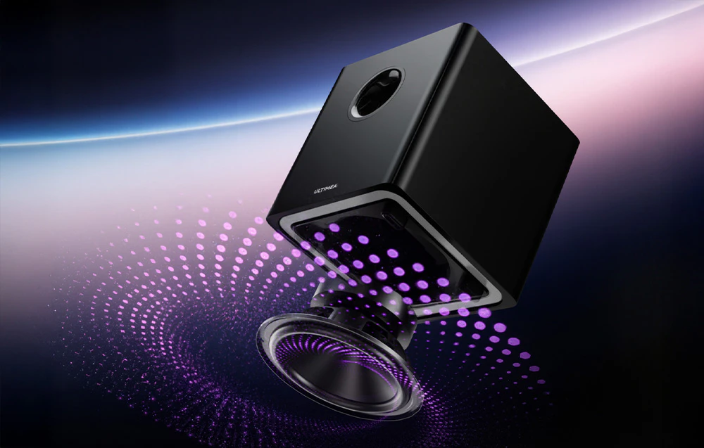 Subwoofer Ultimea pe fundal violet futurist
