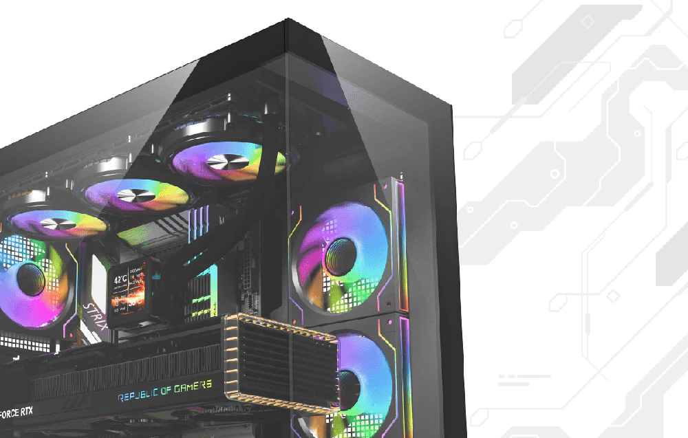 Imagine-up al unei carcase negre pentru PC cu ventilatoare RGB colorate pe un fundal deschis