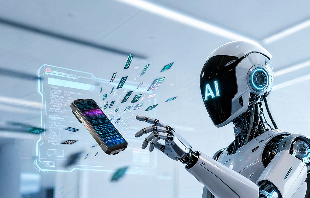 Un robot umanoid cu „AI” scris pe vizieră, interacționând cu un smartphone Hyper 8 Pro levitant și date digitale.