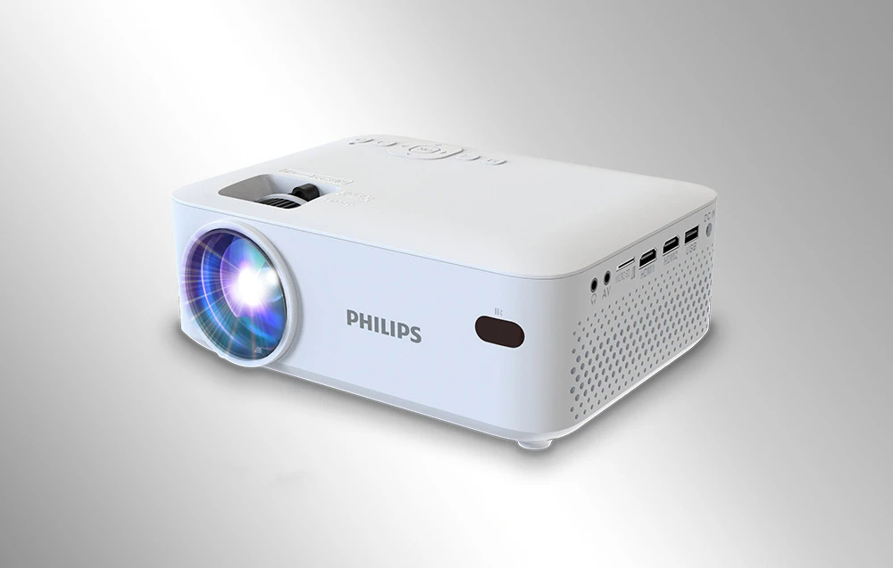 Un proiector PHILIPS pe un fundal deschis, cu porturi vizibile: AV, Micro SD, HDMI 1, HDMI 2, USB și DC IN