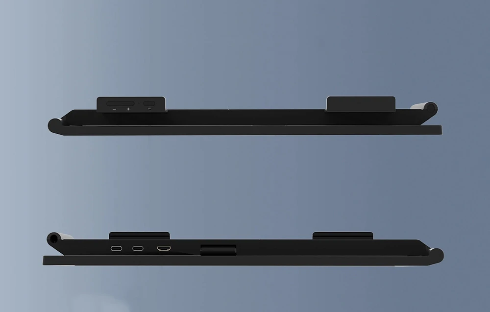 Vederi de sus și de jos ale monitorului pliabil cu butoane de control și porturi USB-C și HDMI