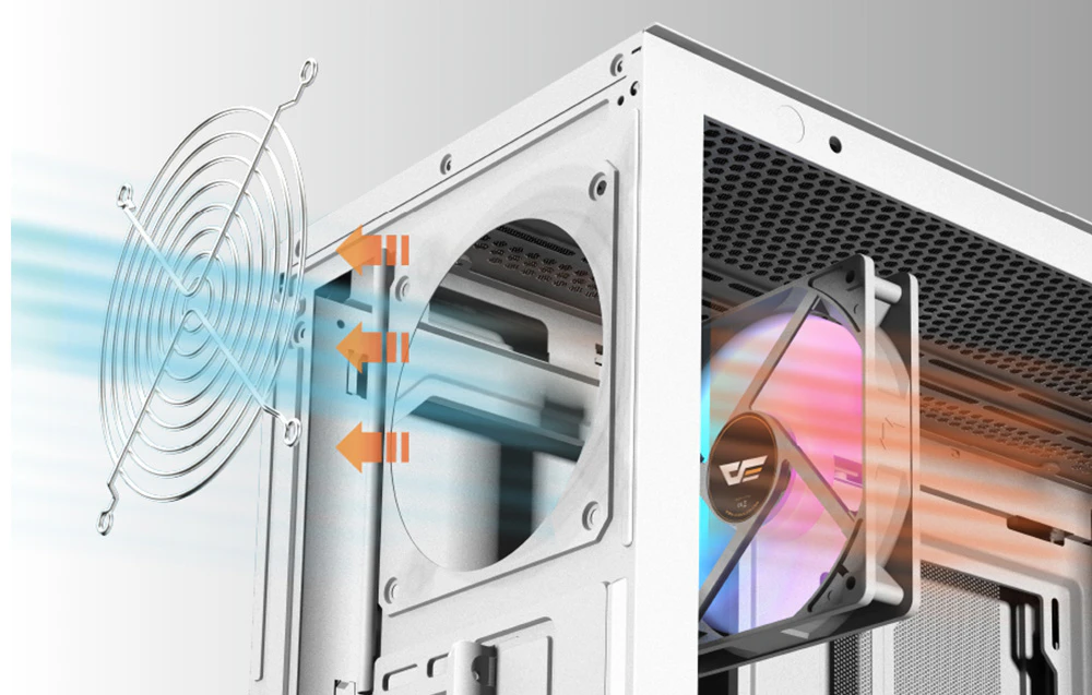Vizualizare a sistemului de răcire din carcasa computerului Darkflash DS900W.