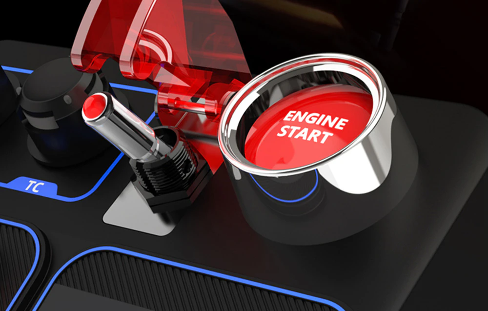 Prim plan al butonului roșu Engine Start de pe panoul de butoane.