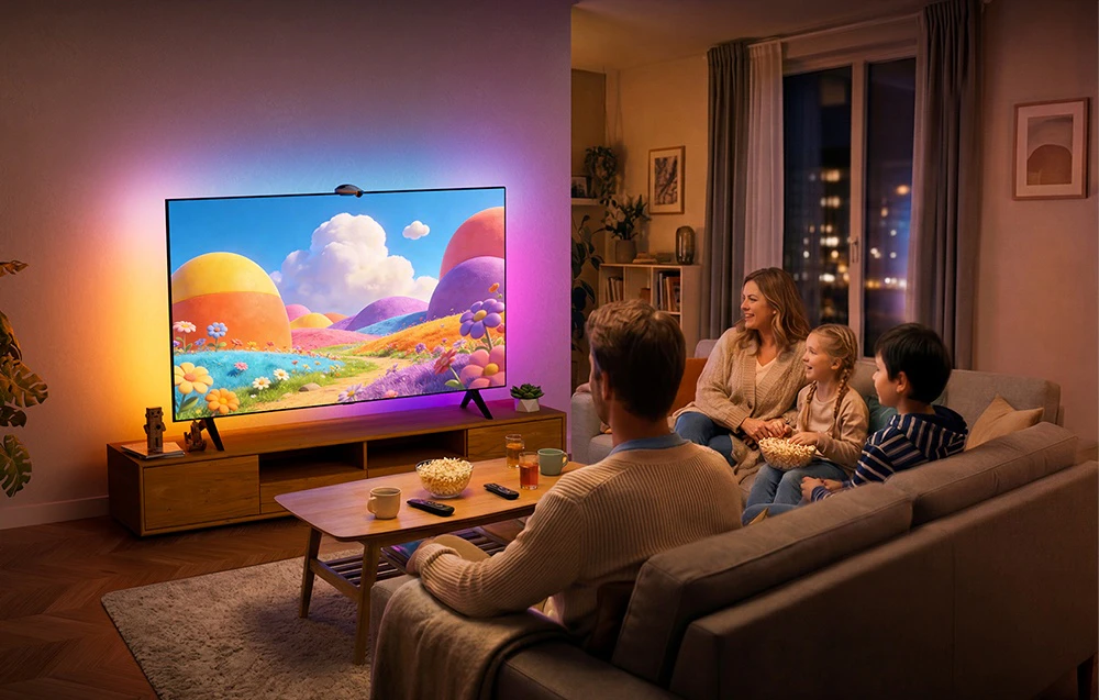 O familie stă în fața televizorului în sufragerie și se uită la un desen animat; camera este iluminată cu lumini colorate
