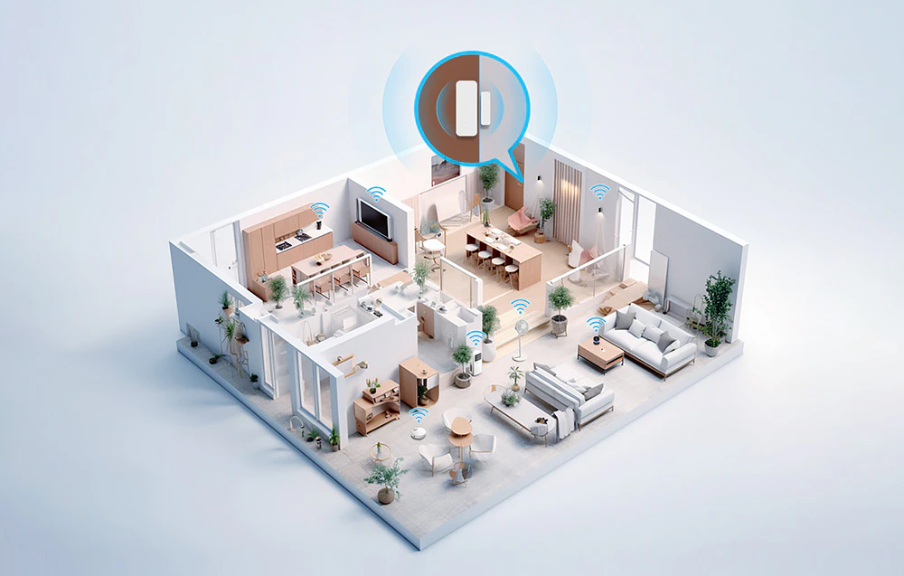 O proiecție a unui apartament modern în care senzorul de deschidere a ușii și ferestrei formează un ecosistem de casă inteligentă