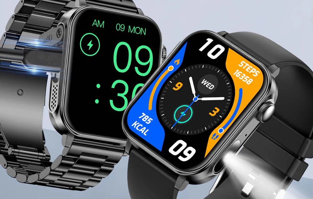 2 smartwatch-uri negre cu cadrane cu modele diferite.