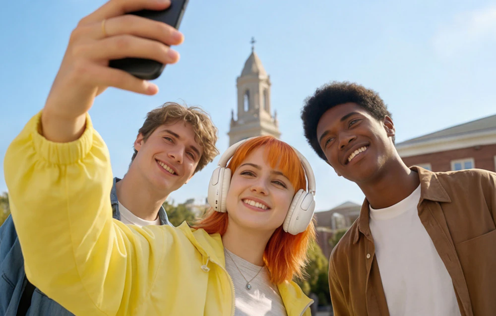 Trei studenți zâmbitori care își fac un selfie cu un smartphone; fata poartă căști albe