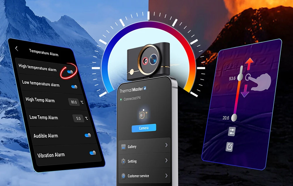 Smartphone cu o cameră cu imagistică termică și trei ferestre de aplicație; text: Alarmă de temperatură, Thermal Master, Alarmă de temperatură ridicată