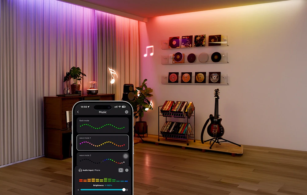 O cameră cu o chitară și discuri; în prim-plan, un smartphone cu o aplicație de control al iluminatului, cu note muzicale luminoase plutind deasupra lui