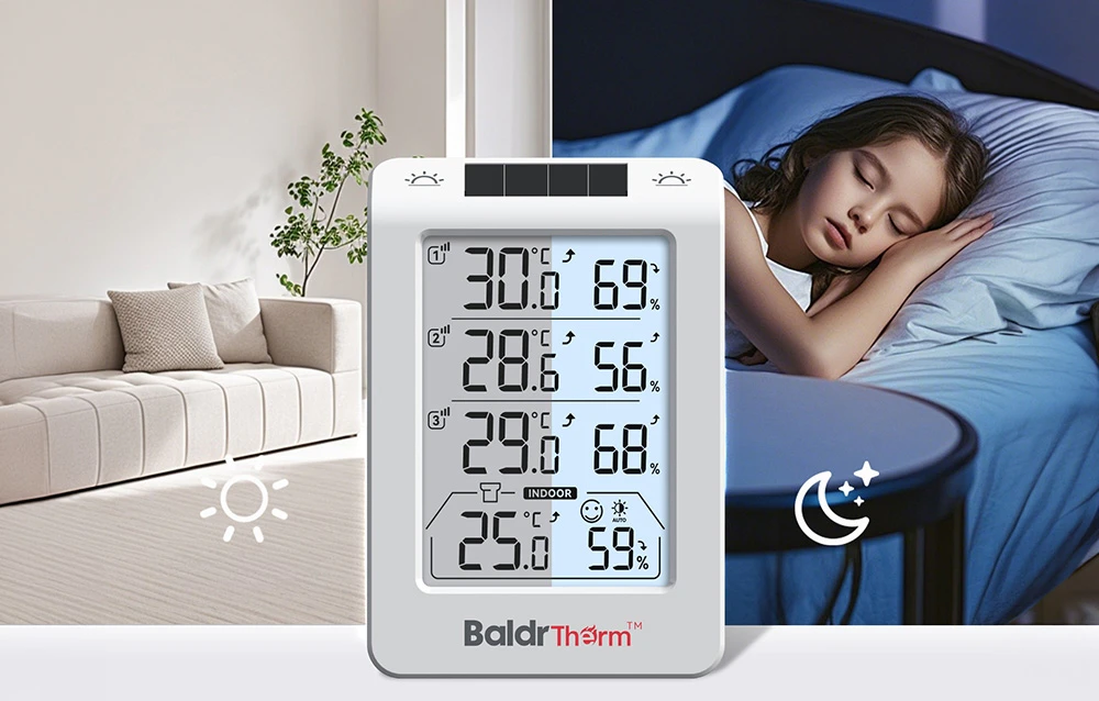 Termohigrometrul BALDRTHERM; în fundal, în stânga, se vede sufrageria, iar în dreapta, o fetiță care doarme într-o cameră întunecată
