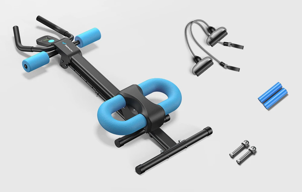 Aparatul de exerciții abdominale Merach cu accesorii, inclusiv benzi de rezistență, perne din spumă și șuruburi de montare.