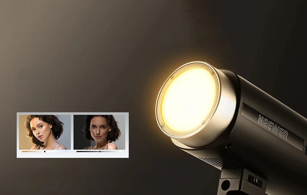 Un bliț negru cu lumină caldă activată, însoțit de o mică grafică care ilustrează schimbările de culoare și luminozitate ale luminii.