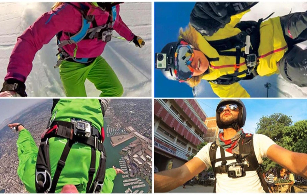 Un colaj care prezintă patru persoane angajate în activități sportive, echipate cu camere de acțiune montate pe hamuri de piept.