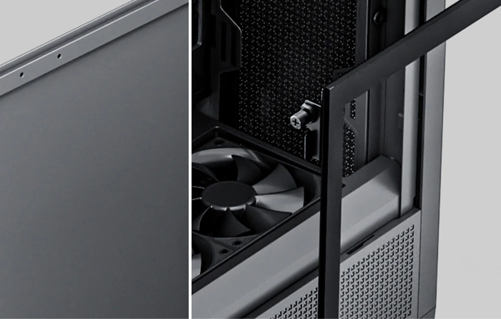 Detaliu al interiorului unei carcase de computer negre cu ventilatoare