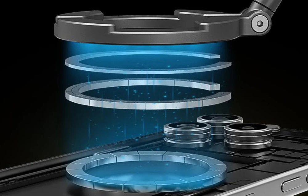 Diagrama care prezintă straturile inelului magnetic cu iluminare de fundal albastră și magneți